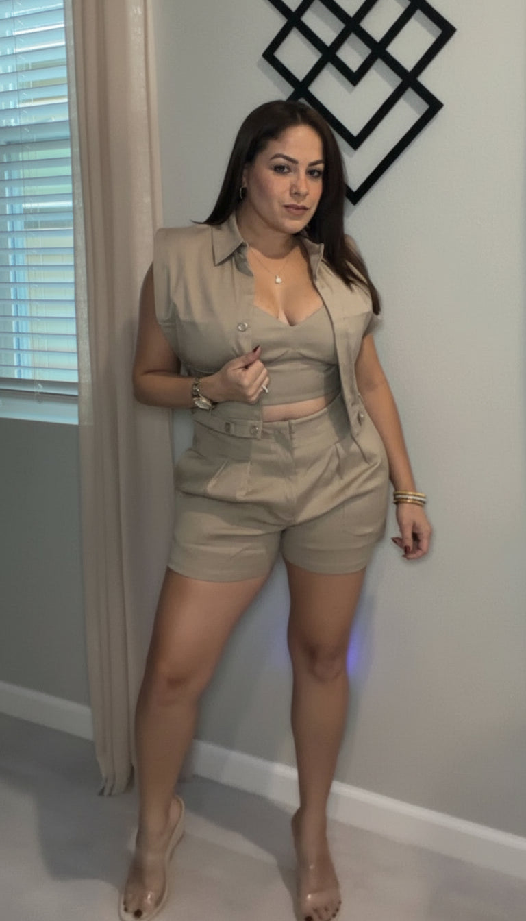 3 Pieces Short Sleeve Vest Set- Khaki