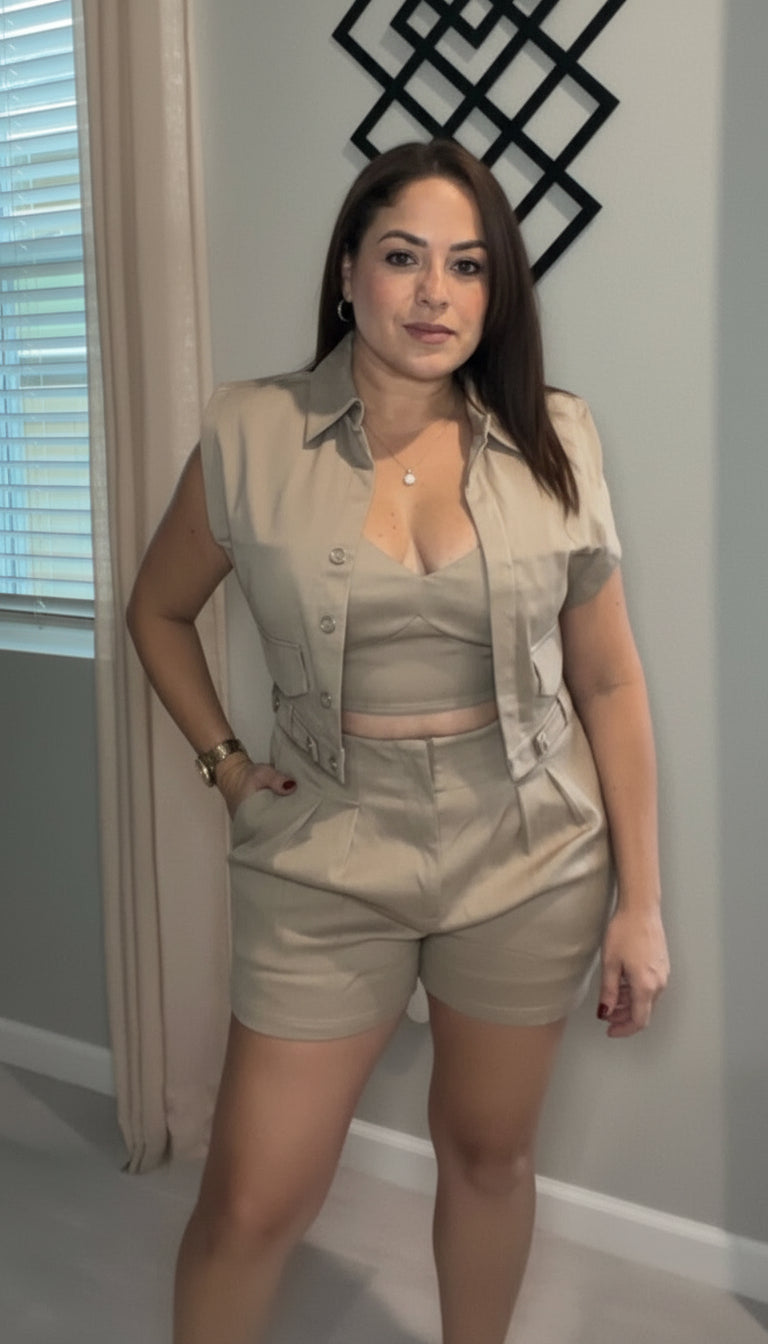 3 Pieces Short Sleeve Vest Set- Khaki